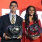 MacKenzie Gore, of Whiteville High School in Whiteville, N.C., left, and Sydney McLaughlin, of Union Catholic High School in Scotch Plains, N.J. pose with their awards at the 15th annual High School Athlete of the Year Awards at the Ritz-Carlton hotel on Tuesday, July 11, 2017, in Marina del Rey, Calif. (AP Photo/Chris Pizzello)