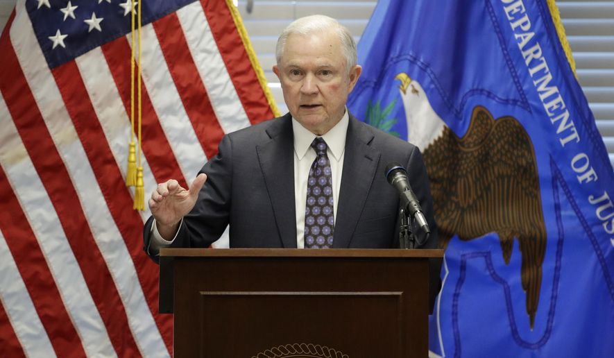 Attorney General Jeff Sessions speaks to federal, state and local law enforcement officials about sanctuary cities and efforts to combat violent crime, Wednesday, July 12, 2017, in Las Vegas. (AP Photo/John Locher)