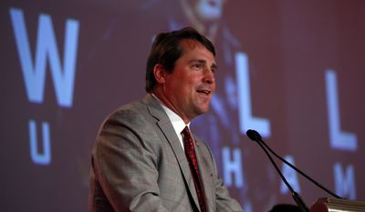 South Carolina NCAA college football coach Will Muschamp speaks during the Southeastern Conference&#39;s annual media gathering, Thursday, July 13, 2017, in Hoover, Ala. (AP Photo/Butch Dill)