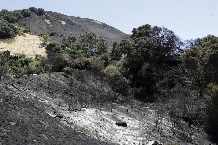 A fire-ravage hillside is seen, Wednesday, July 12, 2017, in San Jose, Calif. Relief was arriving after a rough stretch of wildfires all around the U.S. West, with firefighters slowly surrounding once-fierce blazes and evacuees starting to stream back home. (AP Photo/Marcio Jose Sanchez)