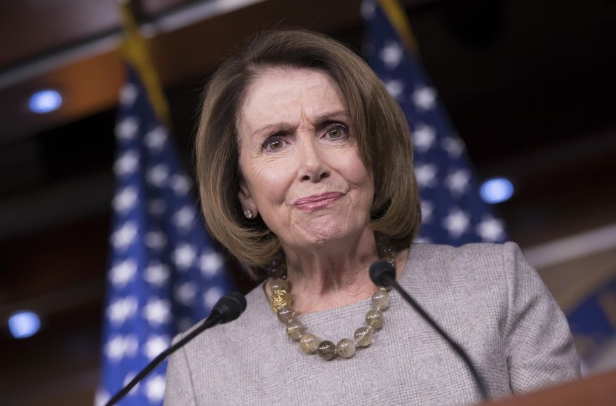 FILE - In this Feb. 16, 2017, file photo, House Minority Leader Nancy Pelosi of Calif. listens during a news conference on Capitol Hill in Washington. The AP reported on July 14, 2017, that a series of stories circulating online regarding a drug bust involving Pelosi's daughters is a hoax. (AP Photo/J. Scott Applewhite, File)