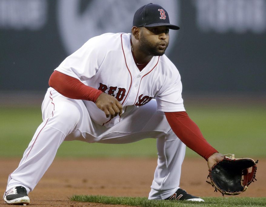 FILE - In this April 11, 2017, file photo, Boston Red Sox's Pablo Sandoval plays third base during the second inning of a baseball game against the Baltimore Orioles at Fenway Park in Boston. On Friday, July 14, 2017, the Red Sox announced that Sandoval had been designated for assignment after being activated from the 10-day disabled list. (AP Photo/Charles Krupa, File)