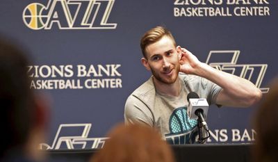 FILE - In this May 9, 2017, file photo, then-Utah Jazz forward Gordon Hayward talks to the media during the NBA teams end of season press conference in Salt Lake City. When it comes to the IRS, the dollars connected to a player’s contract don’t tell the whole story about how much he’s going to be making. Where a player choses to play _ the Boston Celtics or the Miami Heat _ could go a long way in determining how much money he ends up receiving. Robert Raiola, who includes many professional athletes among his clients in his role as director of sports and entertainment for the PKF O’Connor Davies accounting firm, cites former Utah Jazz forward Gordon Hayward’s recent deal with the Celtics as an example. (Kristin Murphy/The Deseret News via AP, File)