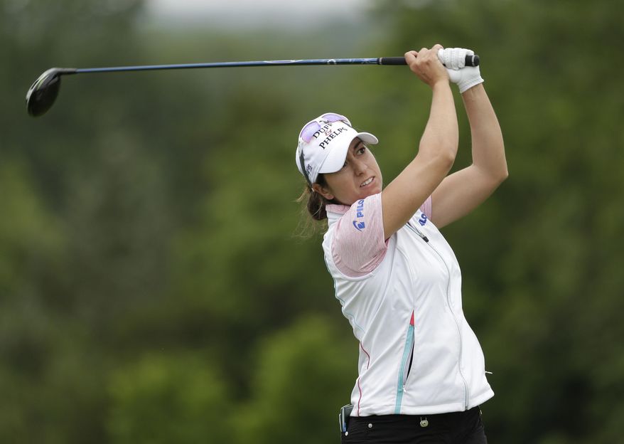 Marina Alex watches her drive off the ninth tee during the second round of U.S. Women's Open Golf Championship at Trump National Golf Club in Bedminster, N.J., Friday, July 14, 2017. (AP Photo/Seth Wenig)