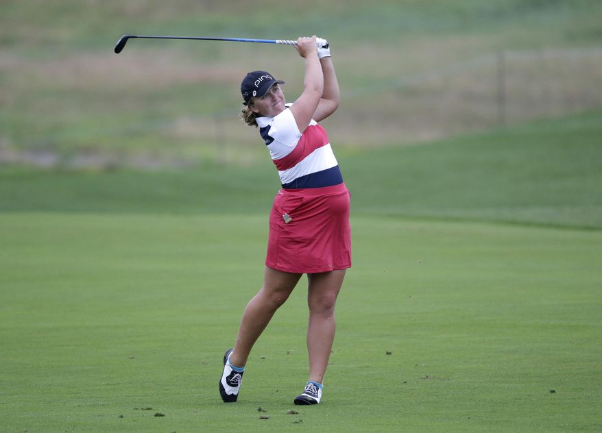 Marissa Steen watches her shot on the 18th fairway during the second round of U.S. Women's Open Golf Championship at Trump National Golf Club in Bedminster, N.J., Friday, July 14, 2017. (AP Photo/Seth Wenig)