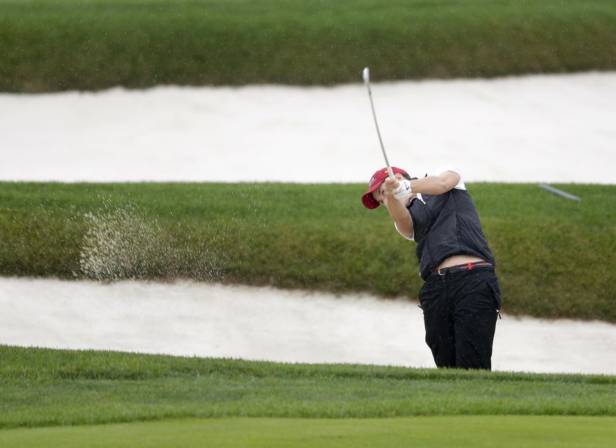 Spain&#39;s Carlota Ciganda hits out of a sand trap on the 15th hole during the second round of the U.S. Women&#39;s Open Golf tournament Friday, July 14, 2017, in Bedminster, N.J. (AP Photo/Seth Wenig)