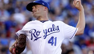 Kansas City Royals starting pitcher Danny Duffy throws during the third inning of the team&#39;s baseball game against the Texas Rangers on Saturday, July 15, 2017, in Kansas City, Mo. (AP Photo/Charlie Riedel)