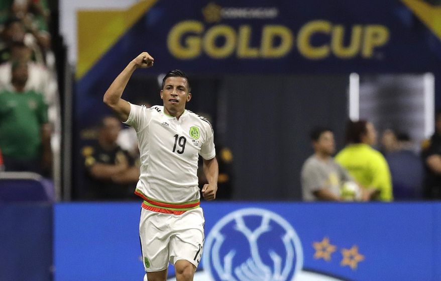 Mexico's Angel Sepulveda (19) celebrates after he scored a goal against Curacao during a CONCACAF Gold Cup soccer match in San Antonio, Sunday, July 16, 2017. (AP Photo/Eric Gay)