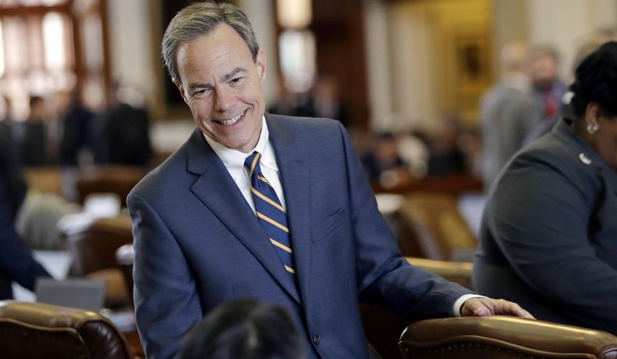 FILE - In this April 19, 2017, file photo, Texas Speaker of the House Joe Straus, R-San Antonio, talks with fellow lawmakers on the House floor at the Texas Capitol in Austin. Straus has for months opposed a "bathroom bill" targeting transgender people, saying the proposal could spark boycotts that could hurt the state's economy. The Legislature is heading into special session on Tuesday, July 25 and conservative groups have promised to target Straus and his key House lieutenants during March's GOP primaries if the issue doesn't pass. (AP Photo/Eric Gay, File)