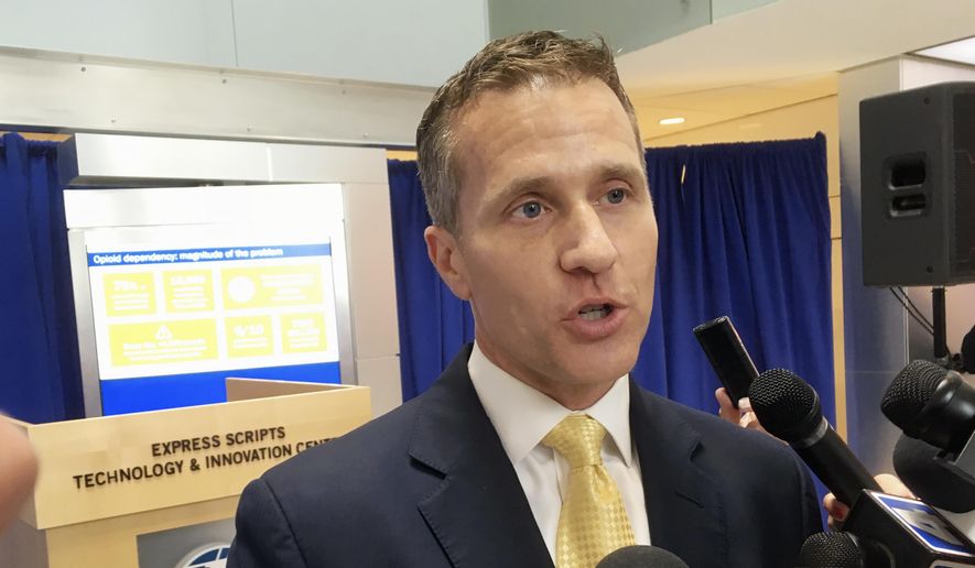 Missouri Gov. Eric Greitens speaks to reporters in St. Louis on July 17, 2017, after signing an executive order establishing a prescription drug monitoring program. Missouri was the last state without a PDMP. (AP Photo/Jim Salter) ** FILE **