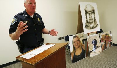 Indiana State Police Sgt. Kim Riley discusses the sketch released, Monday, July 17, 2017, of a man believed to be connected to murder of Liberty German and Abigail Williams last February in Delphi, Ind. The bodies of German, 14, and Williams, 13, were found a day after they were hiking near Monon High Bridge east of Delphi. (John Terhune/Journal &amp;amp; Courier via AP)