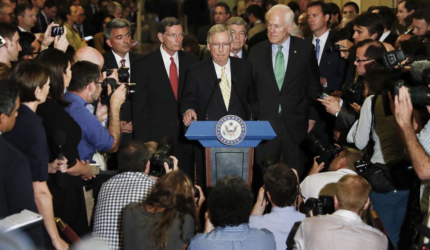 Sen. Cory Gardner, R-Colo., Sen. John Barrasso, R-Wyo., Senate Majority Leader Mitch McConnell of Ky., Sen. Roy Blunt, R-Mo., and Senate Majority Whip Sen. John Cornyn of Texas, speak on Capitol Hill in Washington, Tuesday, July 18. President Donald Trump blasted congressional Democrats and "a few Republicans" over the collapse of the GOP effort to rewrite the Obama health care law. McConnell proposed a vote on a backup plan simply repealing the statute, but that idea was on the brink of rejection, too. (AP Photo/Carolyn Kaster)