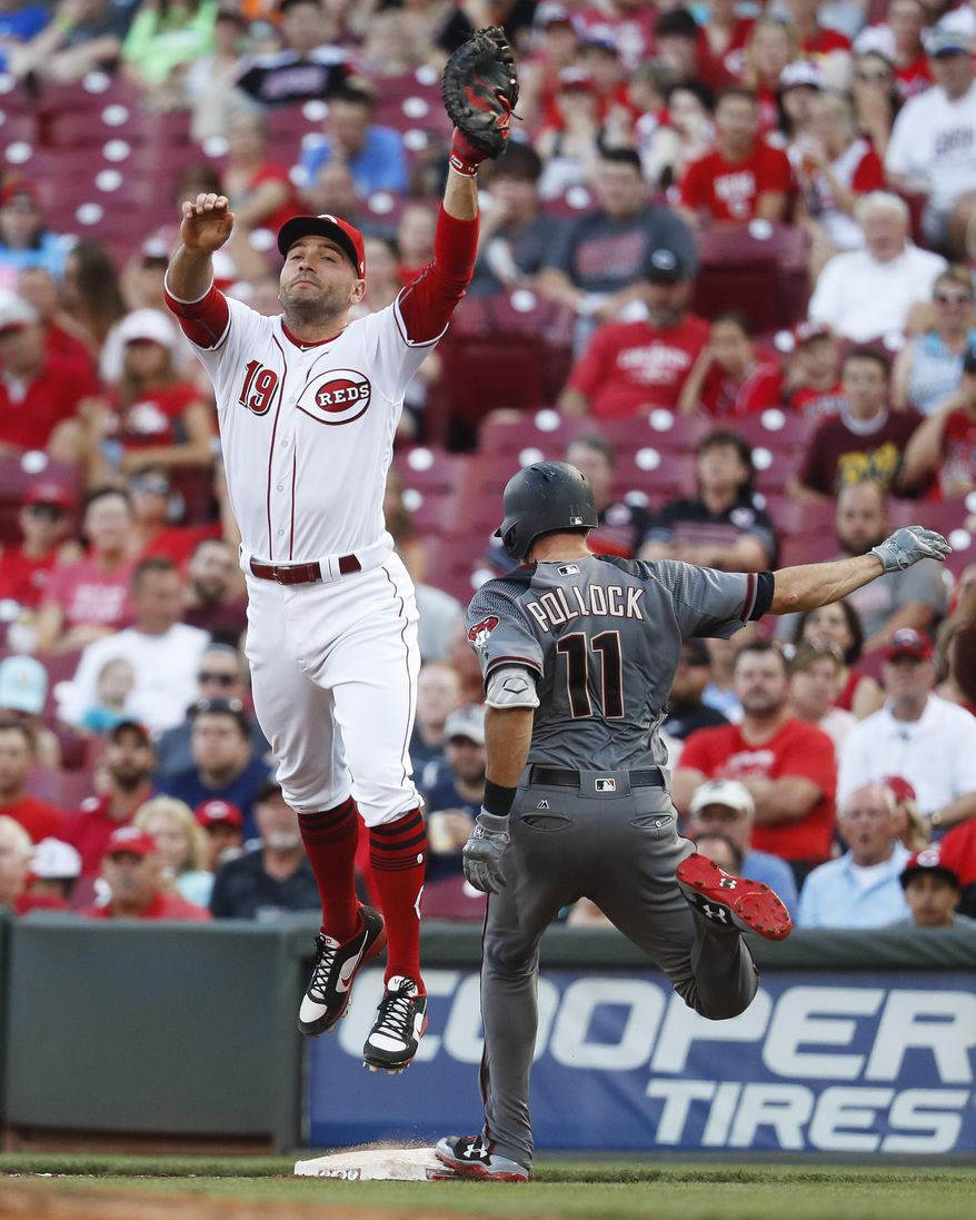 Cincinnati Reds first baseman Joey Votto (19) leaps from the bag to catch a wild throw that allows Arizona Diamondbacks' A.J. Pollock to reach first in the third inning of a baseball game, Wednesday, July 19, 2017, in Cincinnati. (AP Photo/John Minchillo)