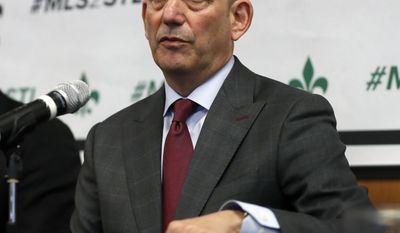 FILE - In this Monday, March 27, 2017, file photo, Major League Soccer commissioner Don Garber speaks during a news conference in St. Louis.  The Major League Soccer 2017 expansion tour continues this week with  official league visits to North Carolina. Nashville seemed to make a strong case last week when Garber went to the city in conjunction with the U.S. national team&#39;s Gold Cup match against Panama. (AP Photo/Jeff Roberson, File)