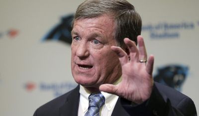 Carolina Panthers interim general manager Marty Hurney speaks to the media during a news conference in Charlotte, N.C., Wednesday, July 19, 2017. The Panthers rehired Marty Hurney as their interim general manager two days after owner Jerry Richardson surprisingly fired Dave Gettleman.(AP Photo/Chuck Burton)