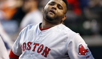FILE - In this Sept. 14, 2015, file photo, Boston Red Sox&#39;s Pablo Sandoval stands in the dugout during a baseball game against the Baltimore Orioles i Baltimore. The Red Sox on Wednesday, July 19, 2017, have released Sandoval because the third baseman didn&#39;t report after being designated for assignment last week. It officially ends the Boston tenure for the once-celebrated free agent, who never was healthy enough to live up to the expectations that came with the $95 million contract he signed in 2014.  (AP Photo/Patrick Semansky, File)