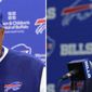FILE - At left, in a Dec. 11, 2016, file photo, Buffalo Bills head coach Rex Ryan talks to reporters after a 27-20 loss to the Pittsburgh Steelers in an NFL football game in Orchard Park, N.Y. At right, in a Jan. 13, 2017, file photo,  Buffalo Bills head coach Sean McDermott addresses the media during a press conference, in Orchard Park, N.Y. The franchise is undergoing the latest in a long string of offseason overhauls after coach Rex Ryan was fired in December. The changes place the onus on the new regime to restore order to a franchise now on its eighth coach, Sean McDermott. (AP Photo/File)