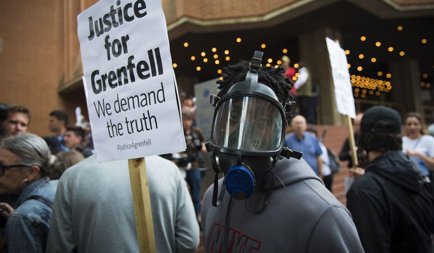 People protest ahead of a meeting of Kensington and Chelsea Council at Kensington Town Hall in west London, Wednesday July 19, 2017, the local authority in control of response to the recent Grenfell Tower fire. The fire at the Grenfell Tower residential bloc left dozens dead (Ben Stevens/PA via AP)