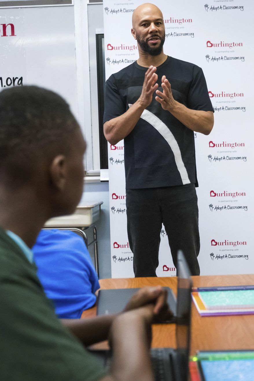 Musician and actor Common visits the Renaissance School of the Arts as an ambassador for AdoptAClassroom.org and Burlington Stores on Thursday, July 20, 2017, in New York. Common will be fulfilling all the wish lists that teachers and faculty put together for the school's needs for the upcoming year. (Photo by Charles Sykes/Invision/AP)