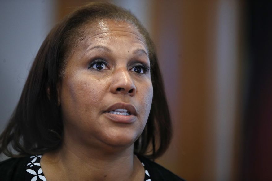 Kim Keenan, President and CEO of the Multicultural Media, Telecom, and Internet Council, talks about an initiative to train volunteers around the country on the best ways to use cell phones to videotape law enforcement in hopes of discouraging police misconduct among minority communities, Thursday, July 20, 2017, in Washington. (AP Photo/Jacquelyn Martin)