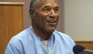 Former NFL football star O.J. Simpson appears via video for his parole hearing at the Lovelock Correctional Center in Lovelock, Nev., on Thursday, July 20, 2017.  Simpson was granted parole Thursday after more than eight years in prison for a Las Vegas hotel heist, successfully making his case in a nationally televised hearing that reflected America&#39;s enduring fascination with the former football star.  (Jason Bean/The Reno Gazette-Journal via AP, Pool)