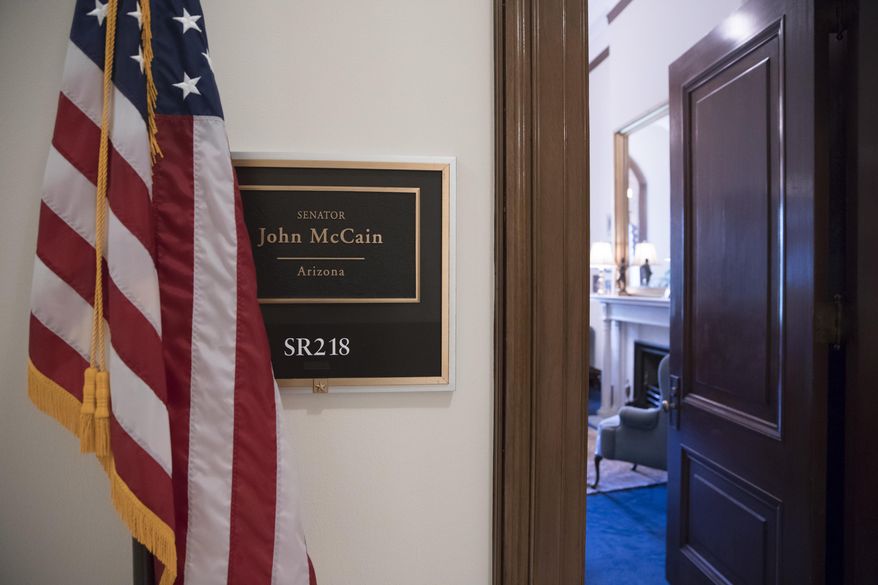 The Capitol Hill office of Sen. John McCain, R-Ariz., is seen in Washington, Thursday, July 20, 2017, after news that he has been diagnosed with brain cancer. A member of Congress for more than three decades, McCain was the 2008 Republican presidential nominee and a Vietnam prisoner of war. (AP Photo/J. Scott Applewhite)