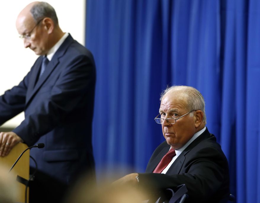 Chairman Ira M. Lubert, right, listens during a Penn State University Board of Trustees meeting on the campus of Penn State Harrisburg in Middletown, Pa., Friday, July 21, 2017. (AP Photo/Chris Knight)