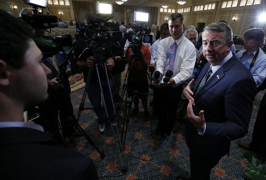 GOP gubernatorial candidate Ed Gillespie, talks with media at the Omni Homestead Resort in Hot Springs, Va., Saturday, July 22, 2017. The two major party candidates in Virginia's closely watched race for governor clashed at their first debate over President Donald Trump, health care, immigration, and social issues. ( Bob Brown/Richmond Times-Dispatch via AP)