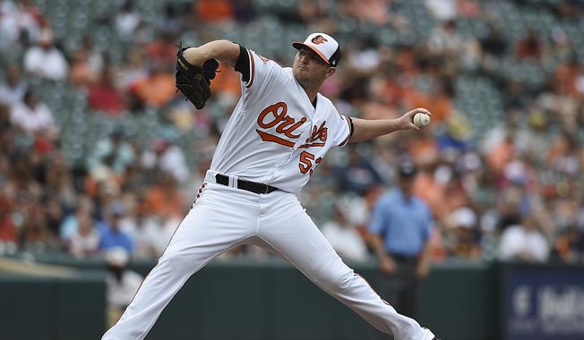 Baltimore Orioles pitcher Zach Britton delivers against the Houston Astros in the ninth inning of a baseball game, Sunday, July 23, 2017, in Baltimore. The Orioles won 9-7. (AP Photo/Gail Burton)