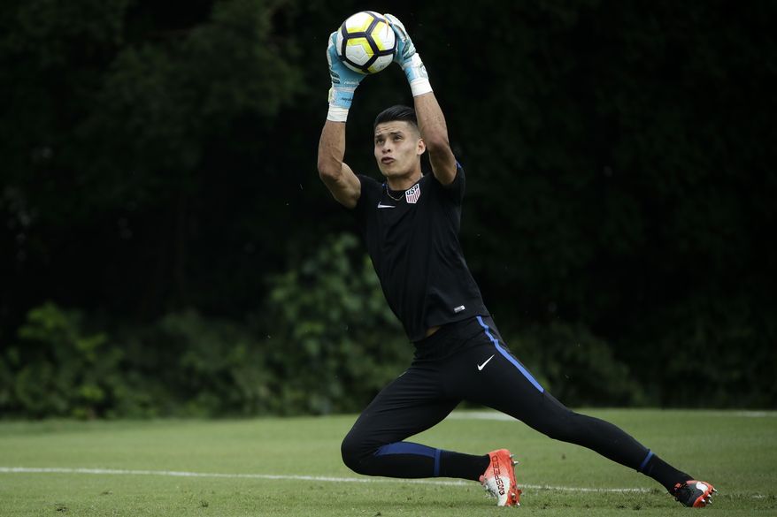 U.S. goalkeeper Jesse Gonzalez practices at the University of Pennsylvania in Philadelphia, Tuesday, July 18, 2017.After starting at the 2015 Under-20 World Cup for Mexico, the land of his parents, 22-year-old FC Dallas goalkeeper Jesse Gonzalez switched his affiliation this summer to the United States, where he grew up. Gonzalez wanted to play for the nation where he felt most comfortable. (AP Photo/Matt Rourke)