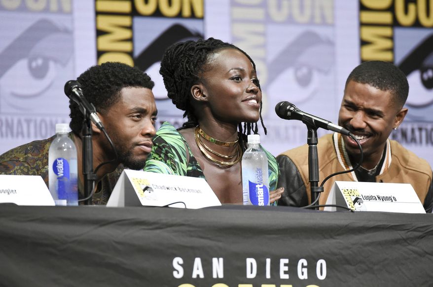 Chadwick Boseman, from left, Lupita Nyong'o, and Michael B. Jordan attend the Marvel panel on day 3 of Comic-Con International on Saturday, July 22, 2017, in San Diego. (Photo by Richard Shotwell/Invision/AP)