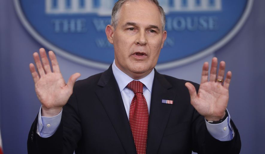  In this June 2, 2017, file photo, EPA Administrator Scott Pruitt speaks to the media during the daily briefing in the Brady Press Briefing Room of the White House in Washington.  (AP Photo/Pablo Martinez Monsivais, File) **FILE**