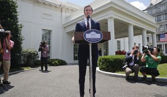 White House senior adviser Jared Kushner speaks to reporters outside the White House in Washington, Monday, July 24, 2017, after meeting on Capitol Hill behind closed doors with the Senate Intelligence Committee on the investigation into possible collusion between Russian officials and the Trump campaign. (AP Photo/Pablo Martinez Monsivais)