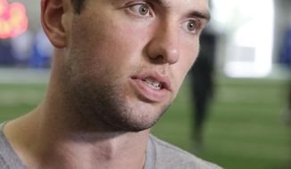 FILE - In this June 13, 2017, file photo, Indianapolis Colts quarterback Andrew Luck responds to questions during a news conference at the NFL football team&#x27;s minicamp, in Indianapolis. Colts quarterback Andrew Luck will be placed on the physically unable to perform list when the team opens training camp on Saturday. Luck had surgery to repair a partially torn labrum in his right shoulder and only began throwing last week. It&#x27;s still unclear when he will be cleared to practice, but general manager Chris Ballard says he is hopeful that Luck will be activated before the Sept. 10 season opener in Los Angeles against the Rams. (AP Photo/Darron Cummings, File)