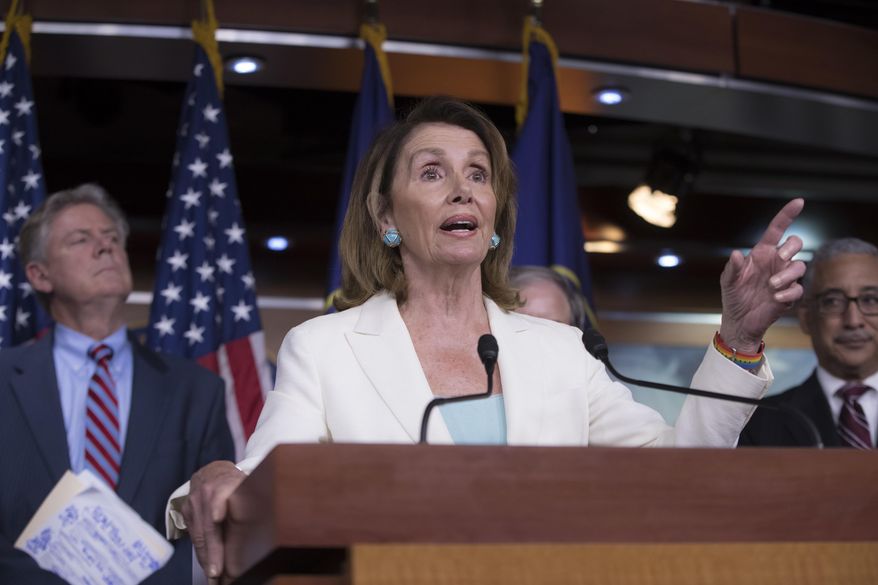 In this July 20, 2017 photo, House Minority Leader Nancy Pelosi, D-Calif., flanked by, Rep. Frank Pallone, D-N.J., the ranking member of the House Energy and Commerce Committee, left, and Rep. Bobby Scott, D-Va., the ranking member on the House Committee on Education and the Workforce, discusses the Republican efforts to replace &amp;quot;Obamacare,&amp;quot; during a news conference on Capitol Hill in Washington.  Democrats are trying to bounce back from their November election losses and rebrand themselves, rolling out a populist new agenda under the slogan “A Better Deal.”   (AP Photo/J. Scott Applewhite)