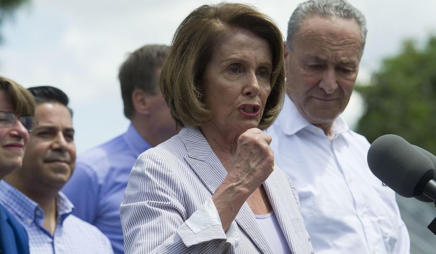House Minority Leader Nancy Pelosi of Calif, speaks in Berryville, Va., Monday, July 24, 2017, to unveil the Democrats new agenda. From letf are, Sen. Amy Klobuchar, D-Minn., Rep. Ben Ray Lujan, D-N.M., Sen. Mark Warner, D-Va., Pelosi and Senate Minority Leader Chuck Schumer of N.Y. (AP Photo/Cliff Owen)