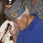 World War II veteran Sam Greenberg dabs his eyes during an emotional moment at the Korea War program at the Luzerne County Courthouse.on Saturday, July 22, 2017, in Wilkes Barre Pa. Greenberg&#39;s brother Martin, who was a decorated medic during the Korean War, passed away this past February. Greenberg attended in his place. (Dave Scherbenco/The Citizens&#39; Voice via AP)