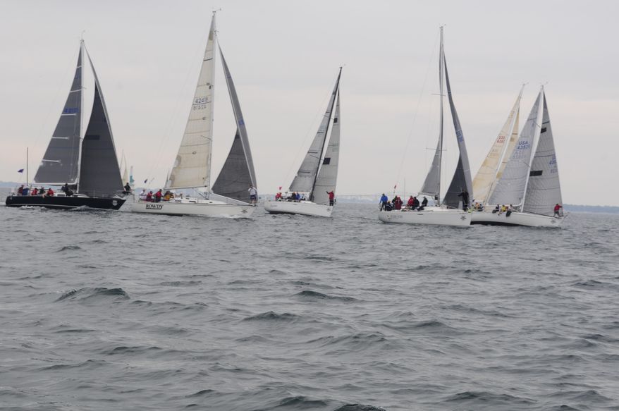 From left to right, Snipe, Whiplash, Mr. Bill's Wild Ride and Amante compete in the Port Huron to Mackinac Island sailboat race, off Port Huron, Mich., Saturday, July 22, 2017. (Liz Shepard/The Times Herald via AP)