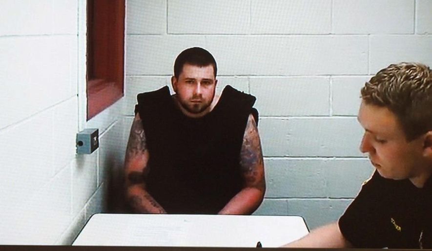 Zachary Patten appears during a video arraignment in St. Joseph County District Court Monday, July 24, 2017, in Centreville, Mich. Felony murder and three more charges were filed against Patten, the suspect in a pair of homicides. Patten, 32, of Portage, is charged with felony murder, open murder, first-degree home invasion and felony firearm in connection with the shooting death of Shane Richardson, who was shot on Thursday, July 20 in Florence Township, just north of the Indiana state line. Patten also is a suspect in the fatal shooting of a woman in Kalamazoo. (Mark Bugnaski/Kalamazoo Gazette-MLive Media Group via AP)