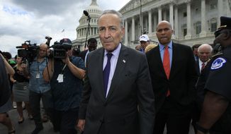 Senate Majority Leader Chuck Schumer of N.Y. leads fellow Democratic Senators to meet supporters outside the Capitol in Washington, Tuesday, July 25, 2017, after the Senate voted to start debating Republican legislation to tear down much of the Obama health care law. (AP Photo/Manuel Balce Ceneta)