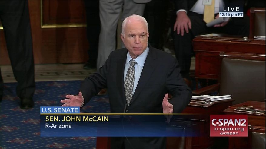 In this image from video provided by C-SPAN2, Sen. John McCain, R-Ariz. speaks the floor of the Senate on Capitol Hill in Washington, Tuesday, July 25, 2017. McCain returned to Congress for the first time since being diagnosed with brain cancer.  (C-SPAN2 via AP)