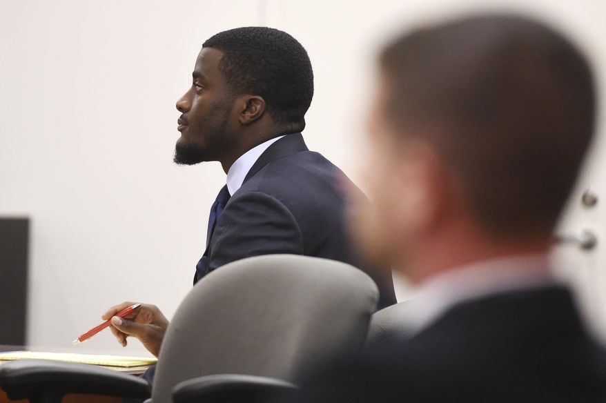 Dallas Cowboys rookie and former Michigan cornerback Jourdan Lewis appears in court on misdemeanor domestic violence charges in Ann Arbor, Mich., Tuesday, July 25, 2017. (Melanie Maxwell/The Ann Arbor News via AP)