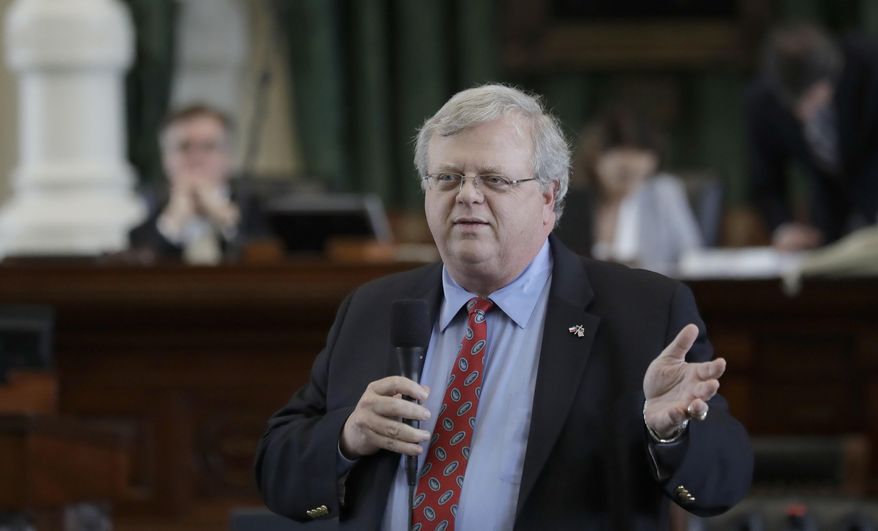 State Sen. Paul Bettencourt, R-Houston, speaks during debate over a "bathroom bill" in the Senate Chamber, Tuesday, July 25, 2017, in Austin, Texas. The Texas Senate has revived a bill mandating transgender Texans use public restrooms corresponding to their birth-certificate genders. (AP Photo/Eric Gay)