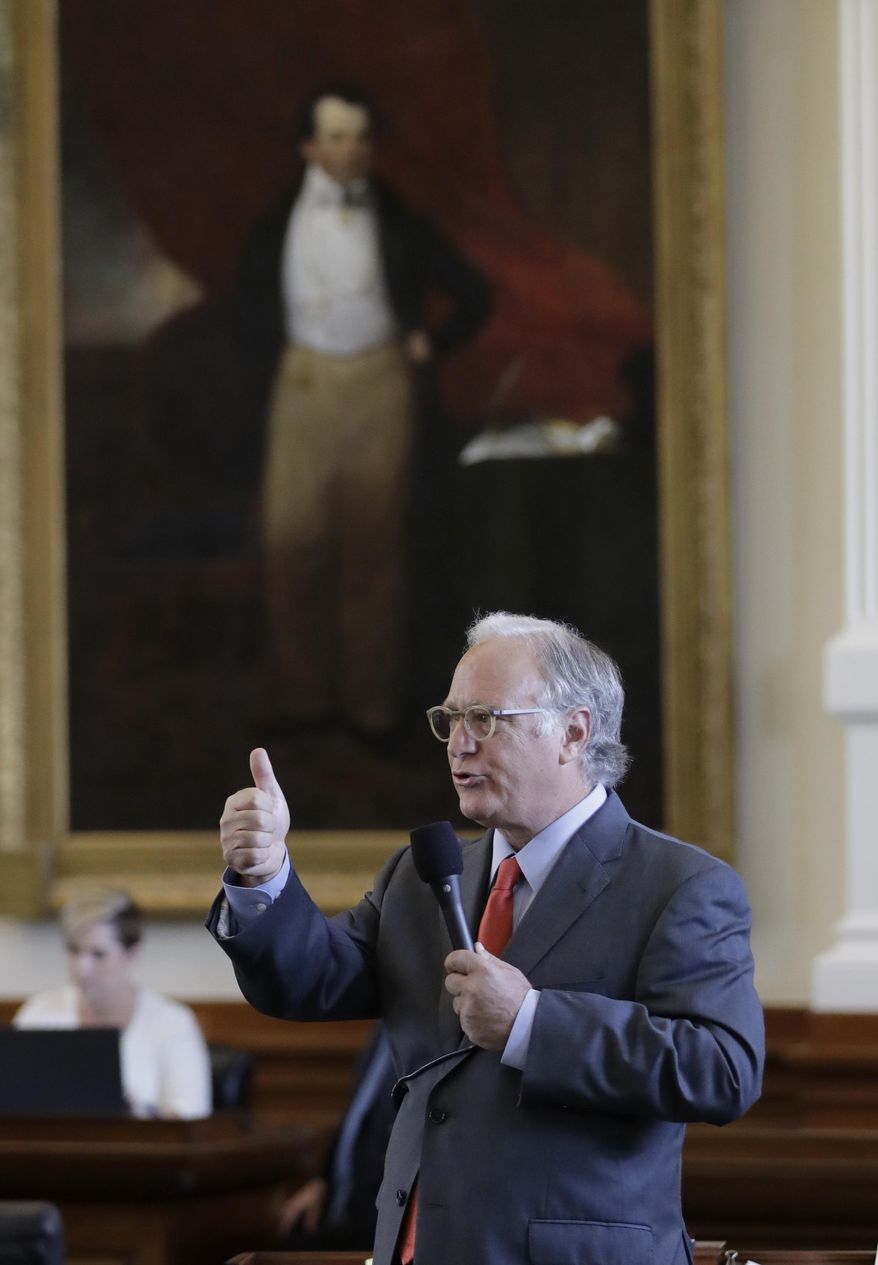 State Sen. Kirk Watson, D-Austin, speaks during debate over a "bathroom bill" in the Senate Chamber, Tuesday, July 25, 2017, in Austin, Texas. The Texas Senate has revived a bill mandating transgender Texans use public restrooms corresponding to their birth-certificate genders. (AP Photo/Eric Gay)