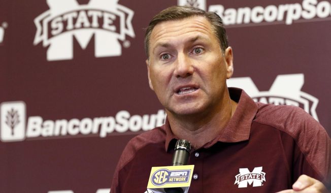 Mississippi State football coach Dan Mullen outlines what he expects from his players this 2017 football season in Starkville, Miss., Tuesday, July 25, 2017. (AP Photo/Rogelio V. Solis)