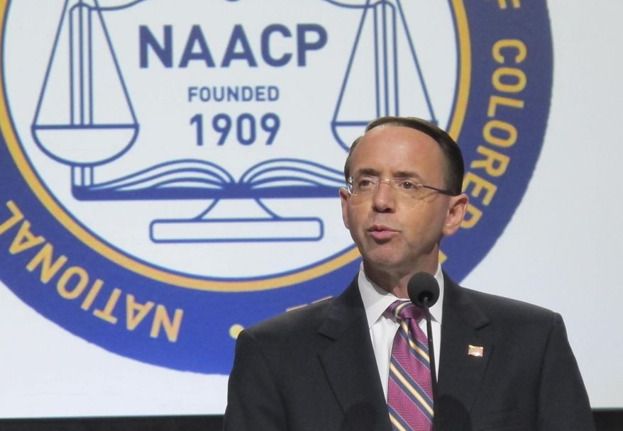 Deputy Attorney General Rod Rosenstein speaks at the NAACP’s national convention Tuesday, July 25, 2017, in Baltimore,. Rosenstein told the audience that building public confidence in law enforcement “is one of our great challenges,” adding that while police have a special responsibility to follow the law, citizens have an obligation to respect the police. (AP Photo/Brian Witte)
