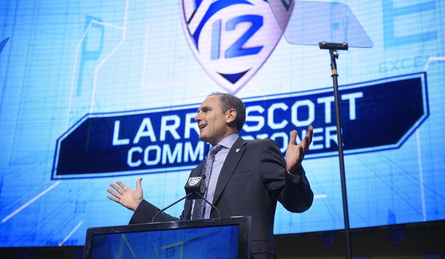 Pac-12 Commissioner Larry Scott speaks at Pac-12 NCAA college football Media Day, Wednesday, July 26, 2017, in the Hollywood section of Los Angeles. (AP Photo/Mark J. Terrill)