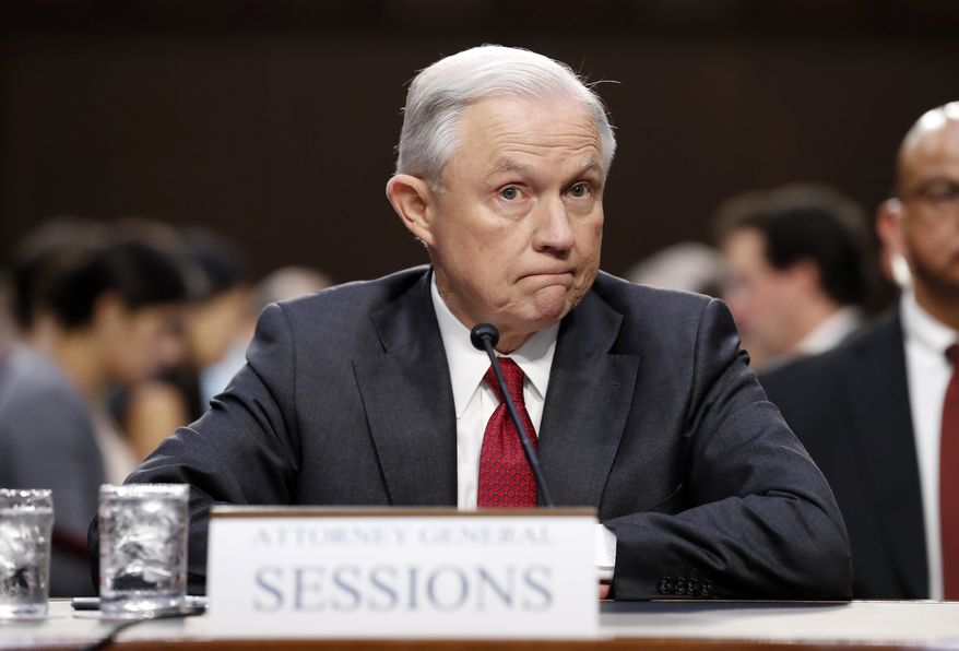 Attorney General Jeff Sessions pauses while speaking on Capitol Hill in Washington, Tuesday, June 13, 2017, as he testifies before the Senate Intelligence Committee hearing about his role in the firing of James Comey, his Russian contacts during the campaign and his decision to recuse from an investigation into possible ties between Moscow and associates of President Donald Trump. (AP Photo/Alex Brandon) ** FILE **