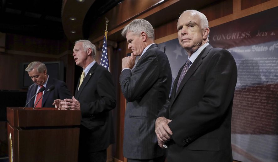 From left, Sen. Lindsey Graham, R-S.C., Sen. Ron Johnson, R-Wis., Sen. Bill Cassidy, R-La., and Sen. John McCain, R-Ariz., speak to reporters at the Capitol as the Republican-controlled Senate unable to fulfill their political promise to repeal and replace &quot;Obamacare&quot; because of opposition and wavering within the GOP ranks, in Washington, Thursday, July 27, 2017. (AP Photo/J. Scott Applewhite)