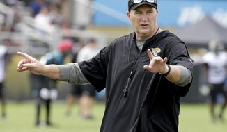Jacksonville Jaguars head coach Doug Marrone directs practice during NFL football training camp, Thursday, July 27, 2017, in Jacksonville, Fla. (AP Photo/John Raoux)